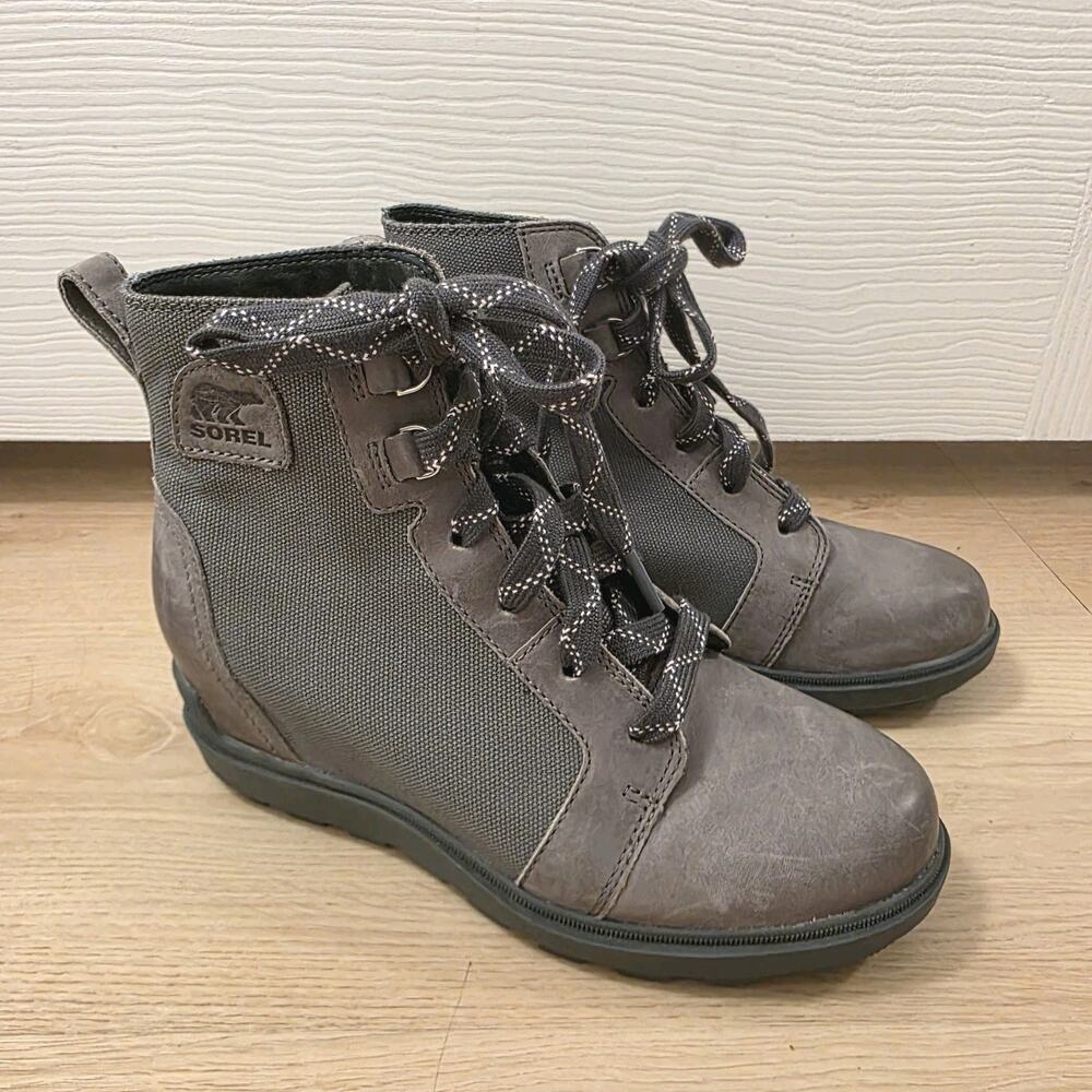 Sorel Grey Leather Canvas Evie II Outdoor Grunge Wedge Ankle Booties Size 6